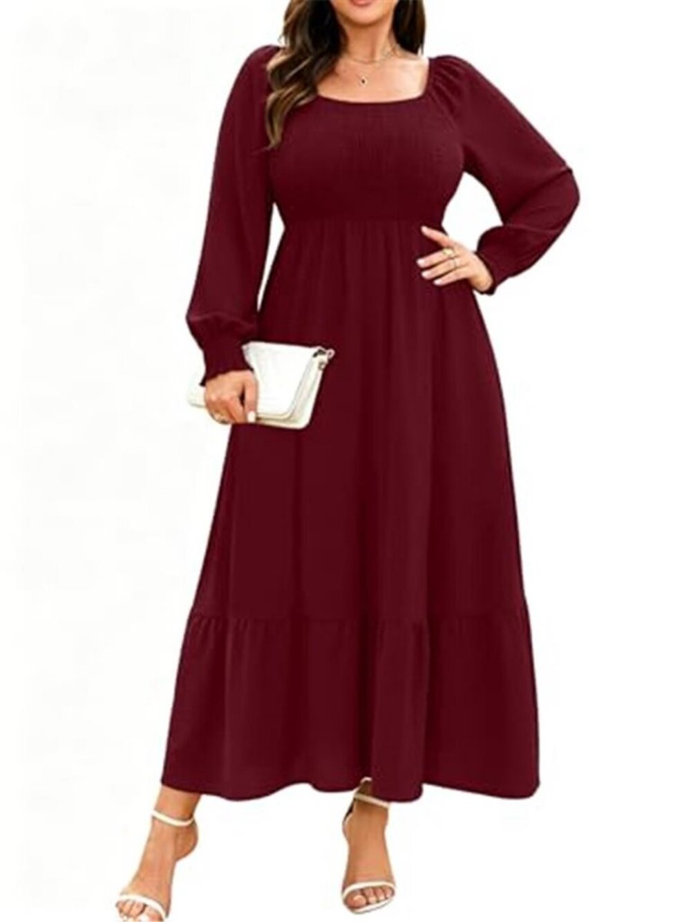 Women Plus Size Fall Dresses Long Sleeve Smocked Boho Floral Maxi Dress